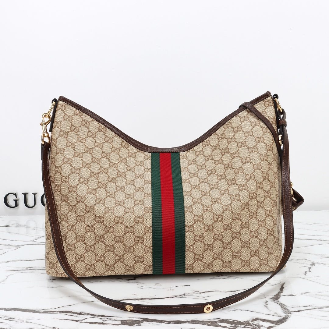 Gucci 2026 Large Shoulder Bag With Web 40cm Sand mix Brown Canvas Leather