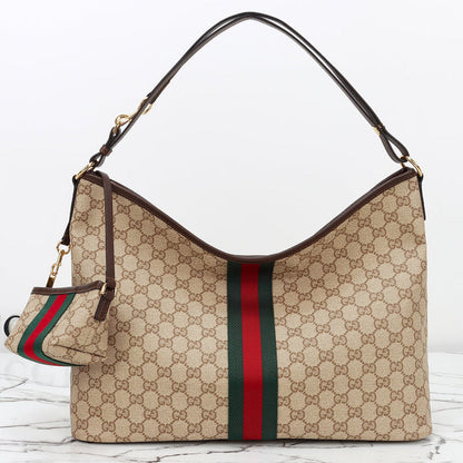 Gucci 2026 Large Shoulder Bag With Web 40cm Sand mix Brown Canvas Leather