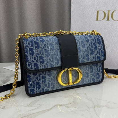 Dior 2026 East-West Chain Handbag 25cm Blue Black Demin Calfskin