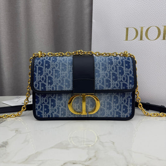 Dior 2026 East-West Chain Handbag 25cm Blue Black Demin Calfskin