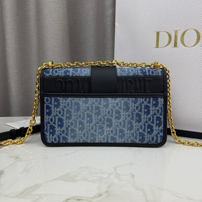 Dior 2026 East-West Chain Handbag 25cm Blue Black Demin Calfskin