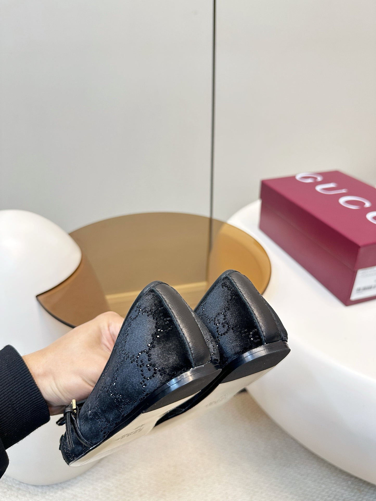 GG 26SS Ballet Flats Rhinestone Black Velvet Sheepskin 645700