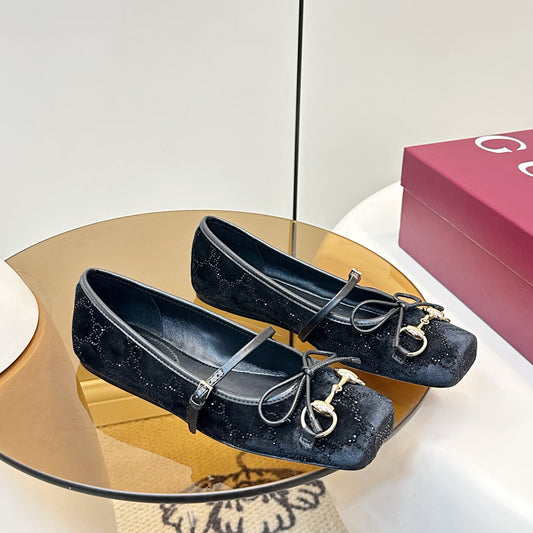 GG 26SS Ballet Flats Rhinestone Black Velvet Sheepskin 645700