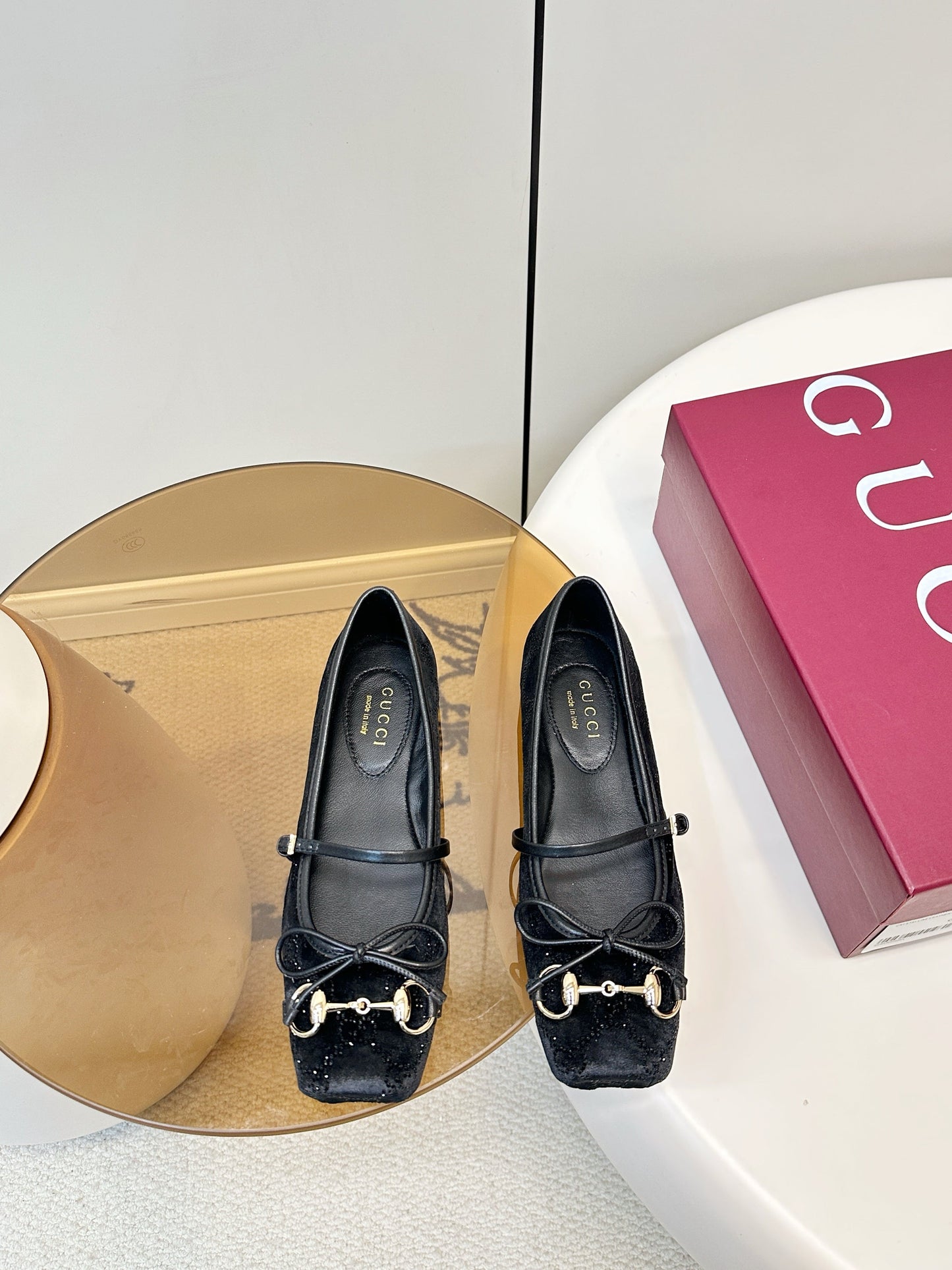 GG 26SS Ballet Flats Rhinestone Black Velvet Sheepskin 645700
