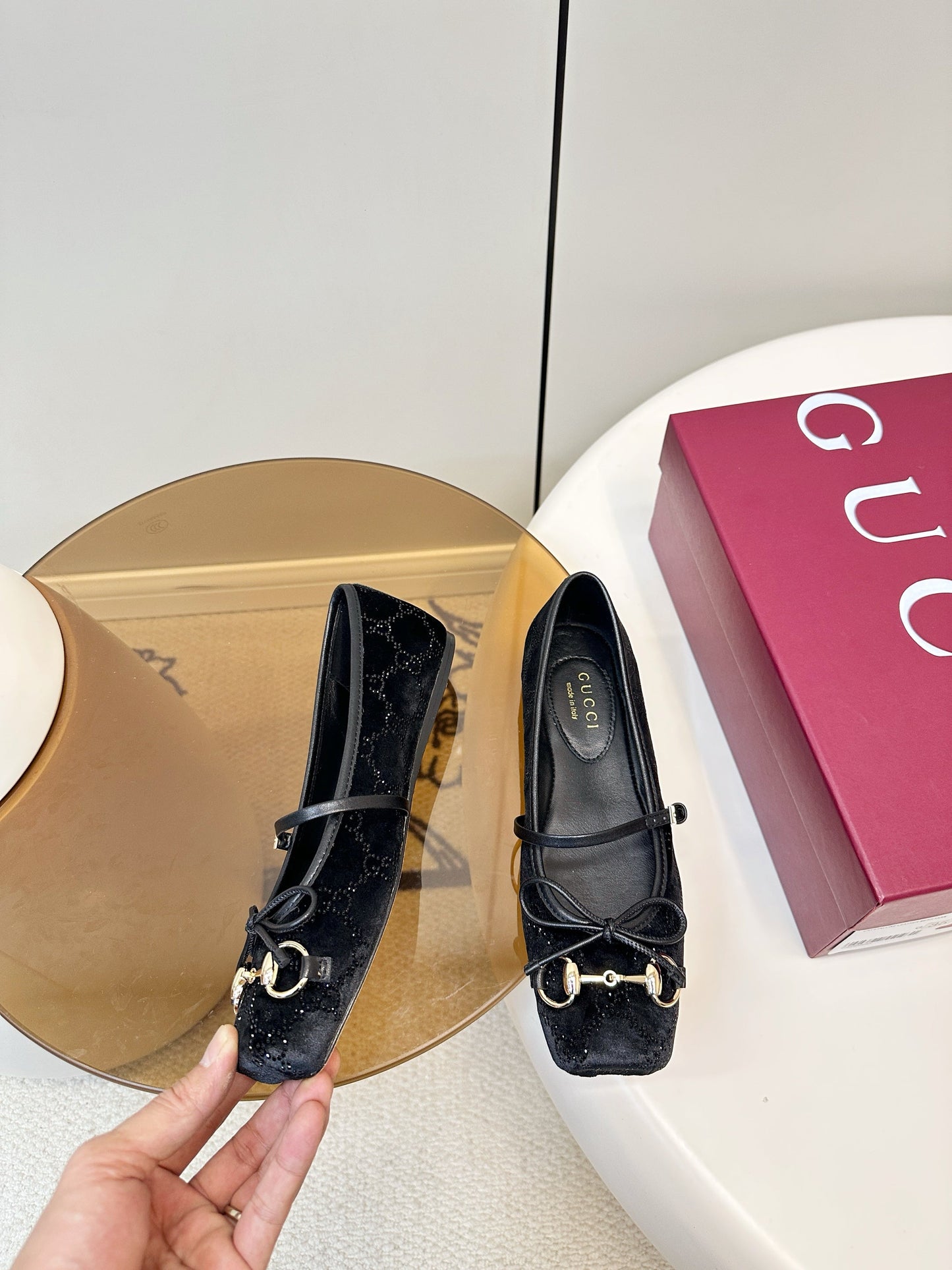 GG 26SS Ballet Flats Rhinestone Black Velvet Sheepskin 645700