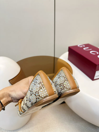 GG 26SS Ballet Flats Rhinestone Beige Brown Canvas Sheepskin 645702