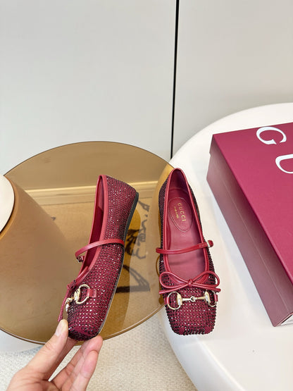 GG 26SS Ballet Flats Rhinestone Burgundy Sheepskin 645703
