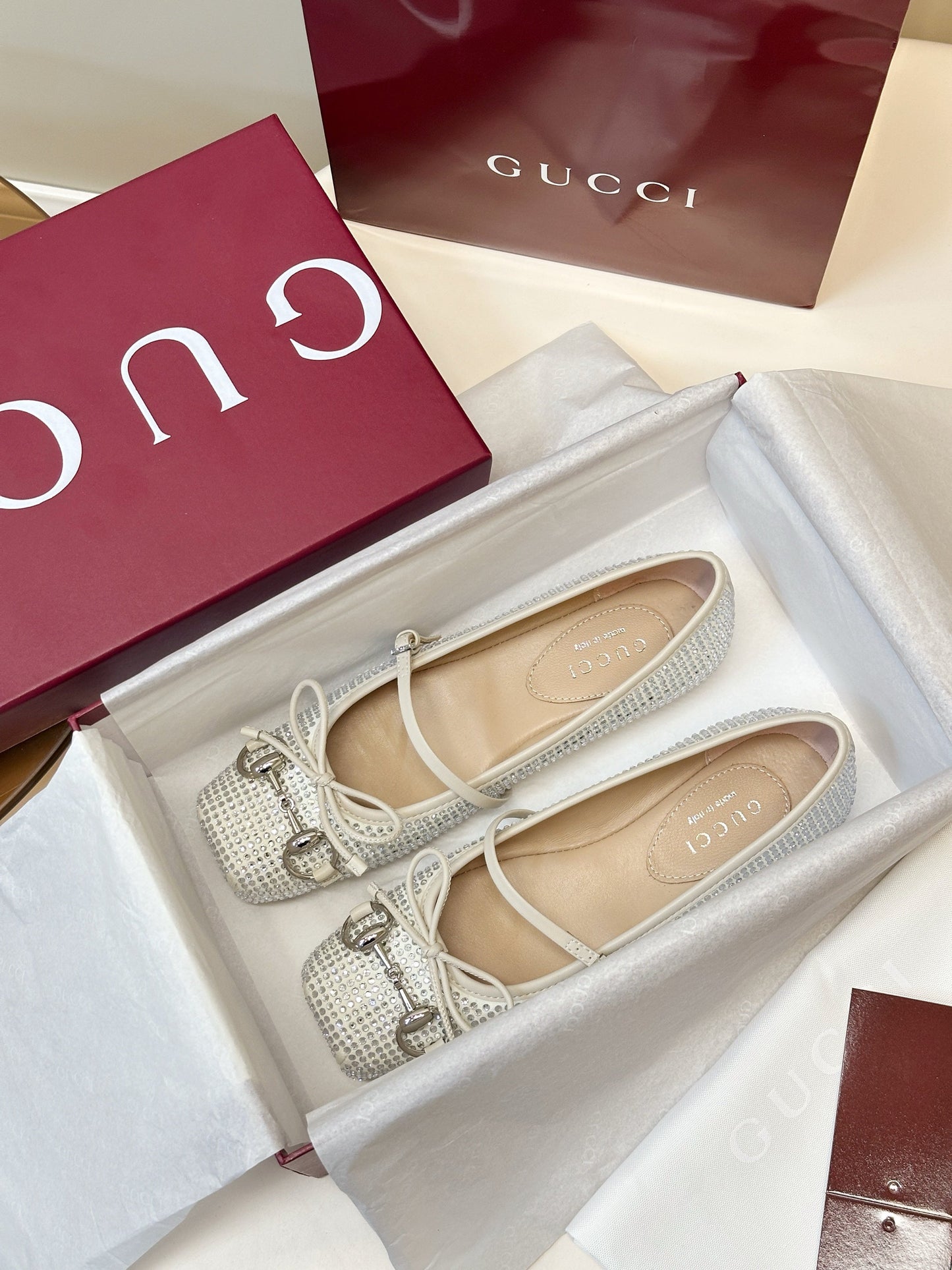 GG 26SS Ballet Flats Rhinestone White Satin Sheepskin 645705