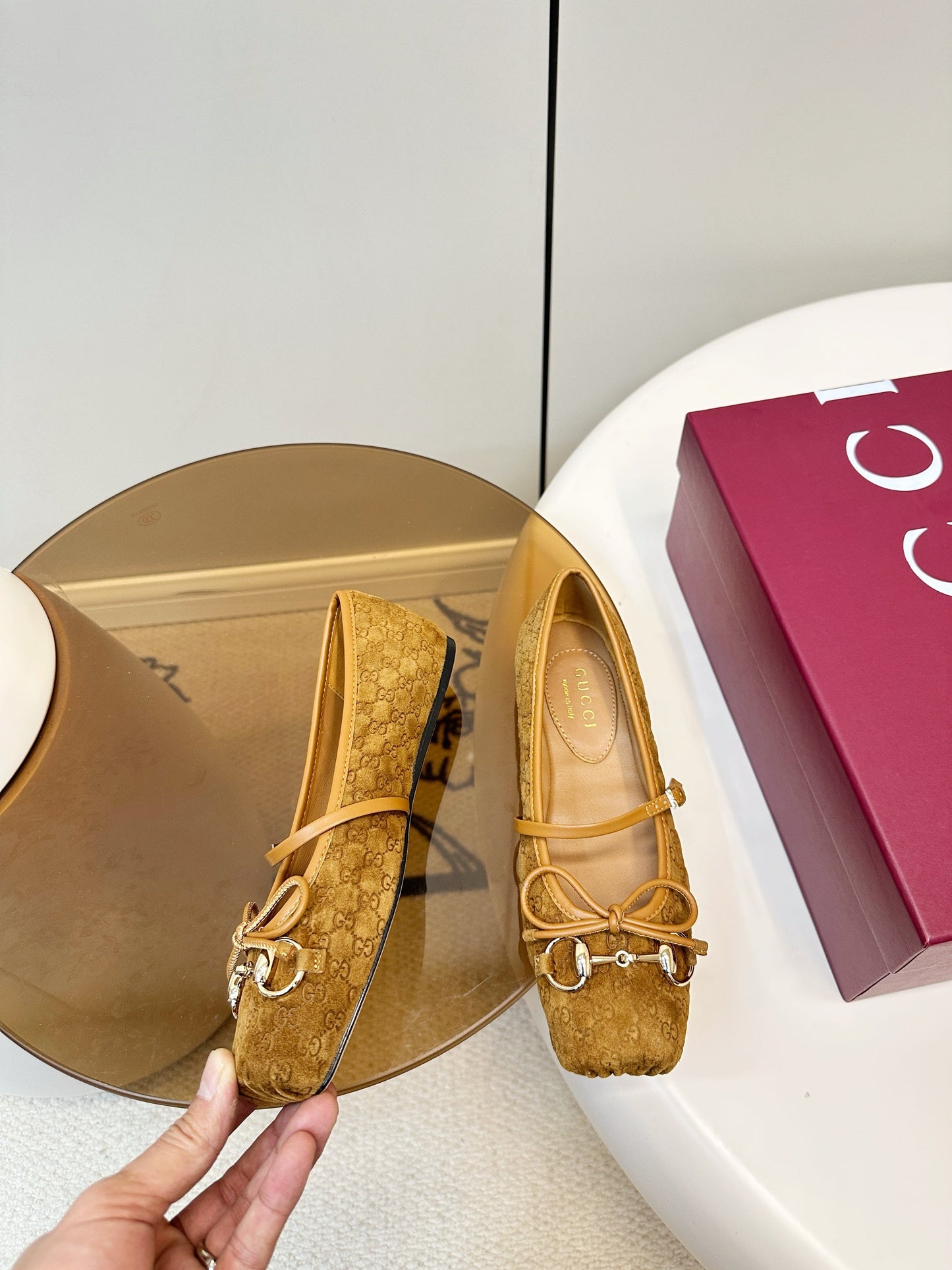 GG 26SS Ballet Flats Tan Brown Monogram Suede 645709