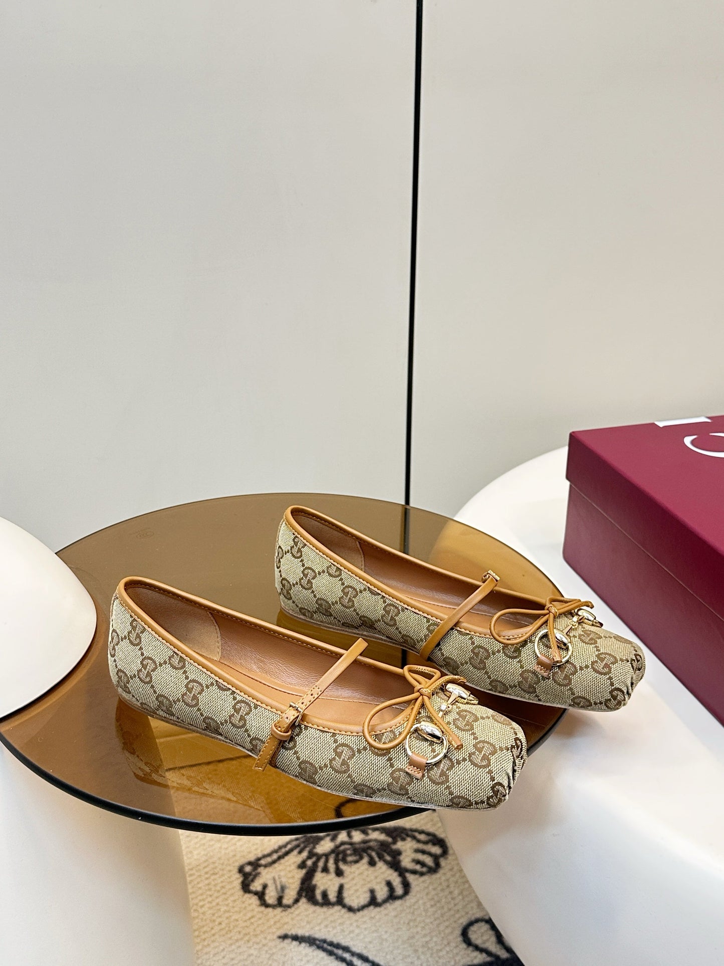 GG 26SS Ballet Flats Beige Brown Monogram Fabric Sheepskin 645710