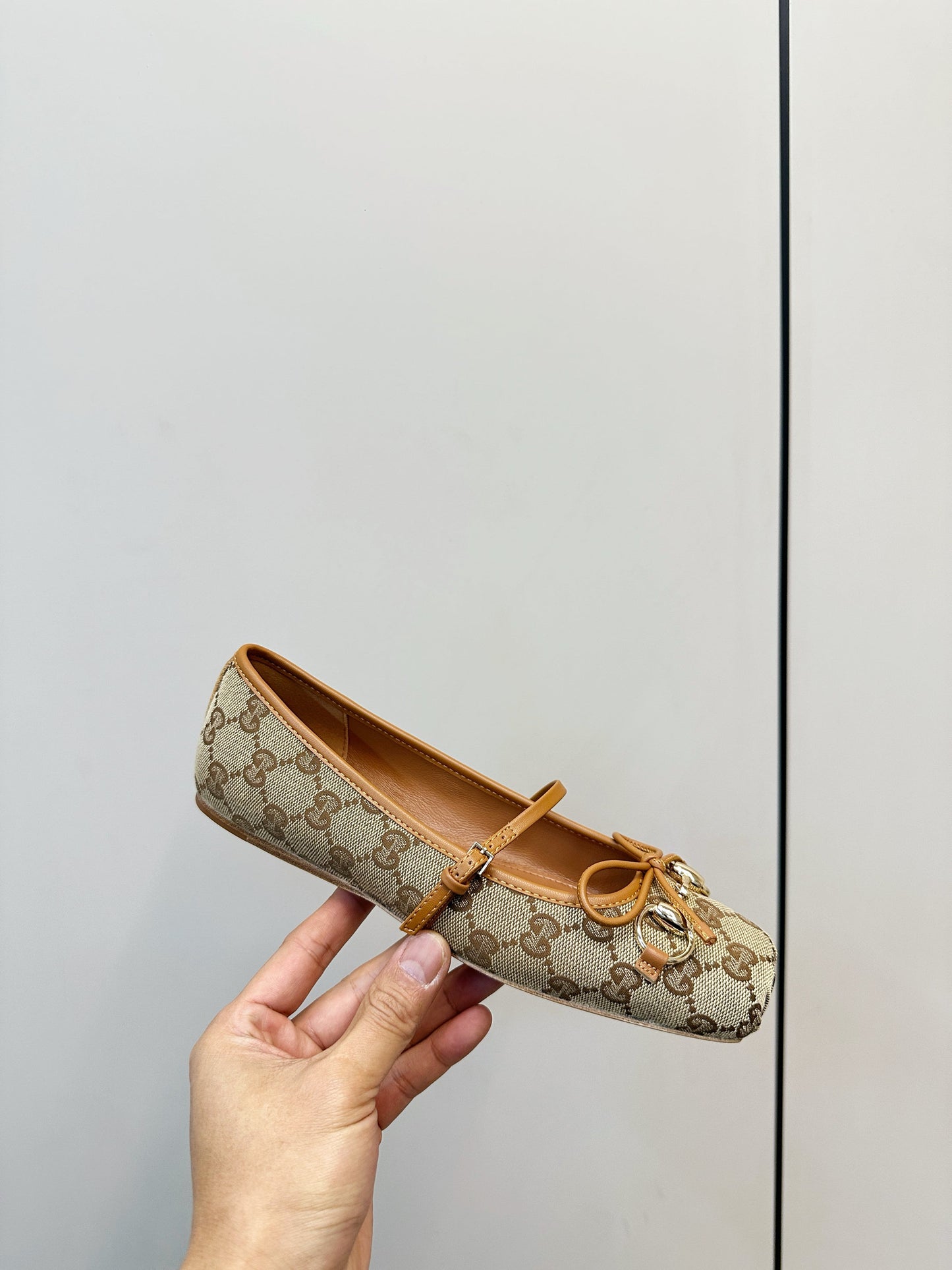GG 26SS Ballet Flats Beige Brown Monogram Fabric Sheepskin 645710
