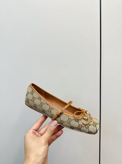 GG 26SS Ballet Flats Beige Brown Monogram Fabric Sheepskin 645710