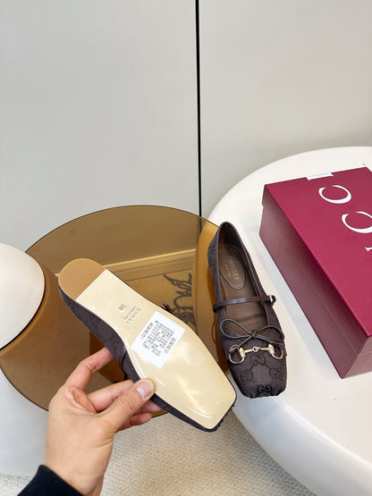 GG 26SS Ballet Flats Dark Brown Monogram Fabric Sheepskin 645711