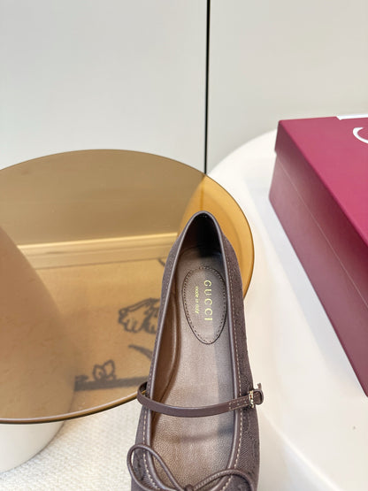 GG 26SS Ballet Flats Dark Brown Monogram Fabric Sheepskin 645711