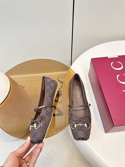 GG 26SS Ballet Flats Dark Brown Monogram Fabric Sheepskin 645711