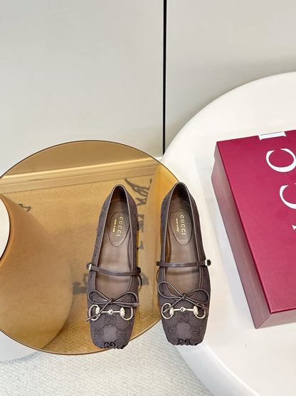 GG 26SS Ballet Flats Dark Brown Monogram Fabric Sheepskin 645711