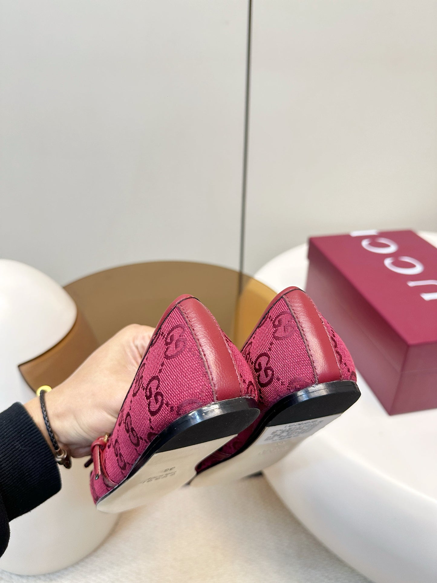 GG 26SS Ballet Flats Burgundy Monogram Fabric Sheepskin 645712