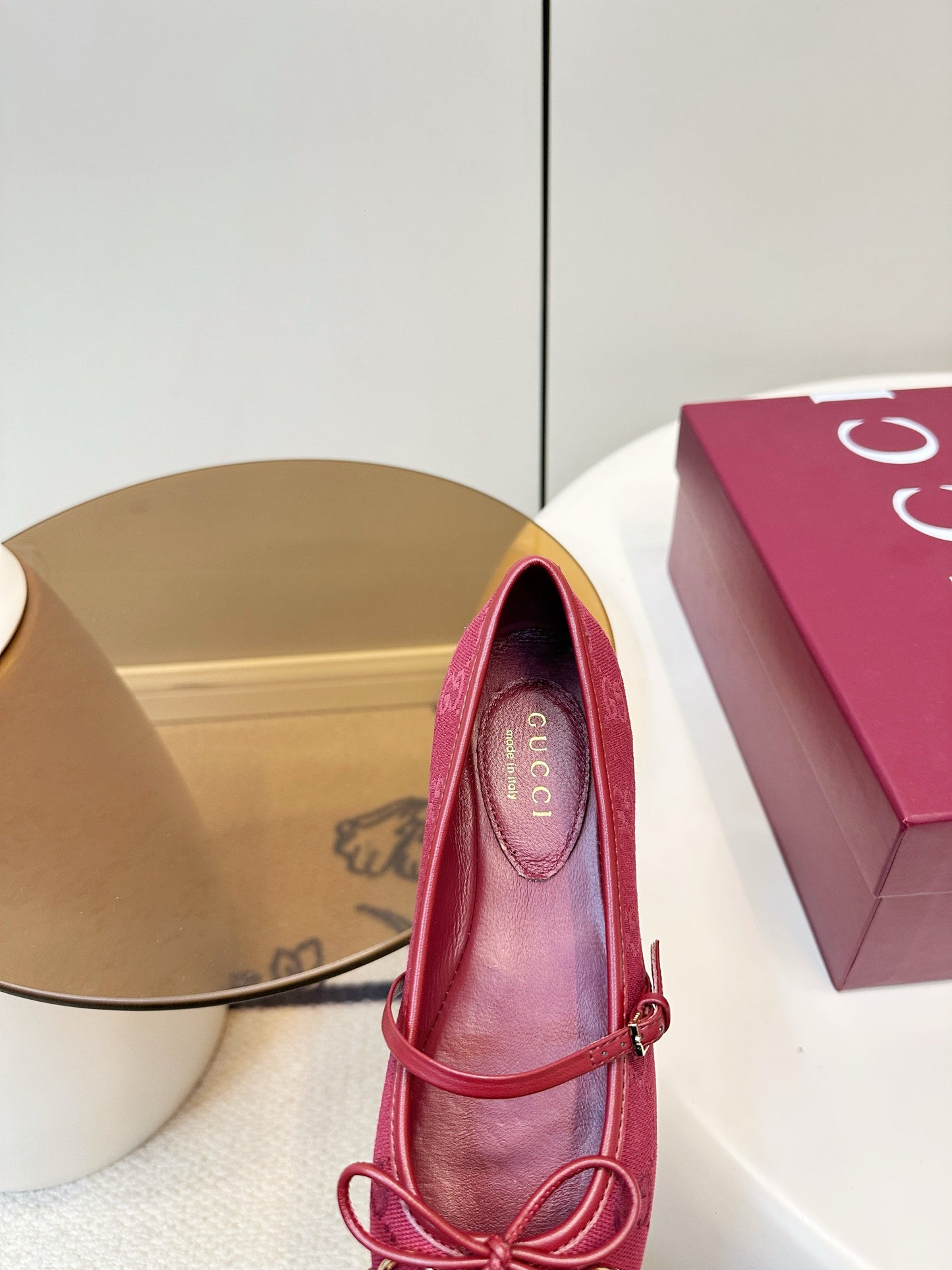 GG 26SS Ballet Flats Burgundy Monogram Fabric Sheepskin 645712