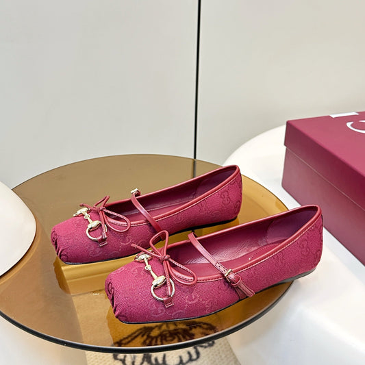 GG 26SS Ballet Flats Burgundy Monogram Fabric Sheepskin 645712