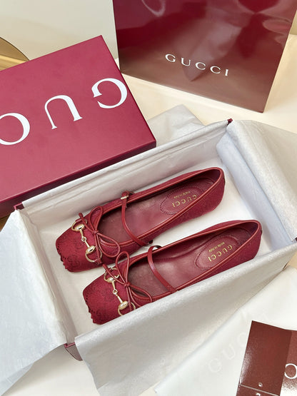 GG 26SS Ballet Flats Burgundy Monogram Fabric Sheepskin 645712
