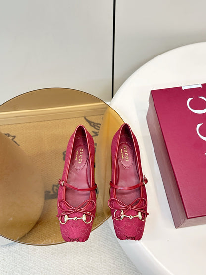 GG 26SS Ballet Flats Burgundy Monogram Fabric Sheepskin 645712