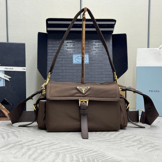 Prada 2026 Explore Shoulder Bag 30cm With Flap Sienna Re-Nylon
