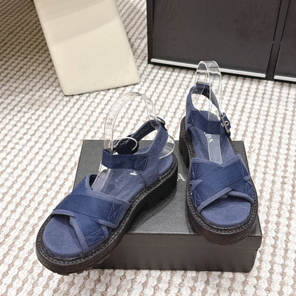 PRA 2026S Platform Sandals Dark Blue Canvas 657524