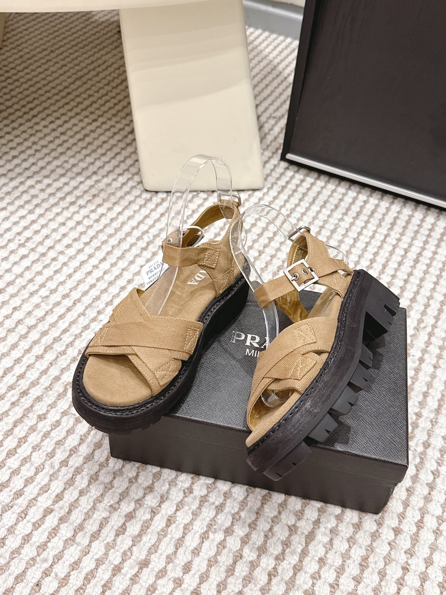 PRA 2026S Platform Sandals Beige Black Canvas 657526