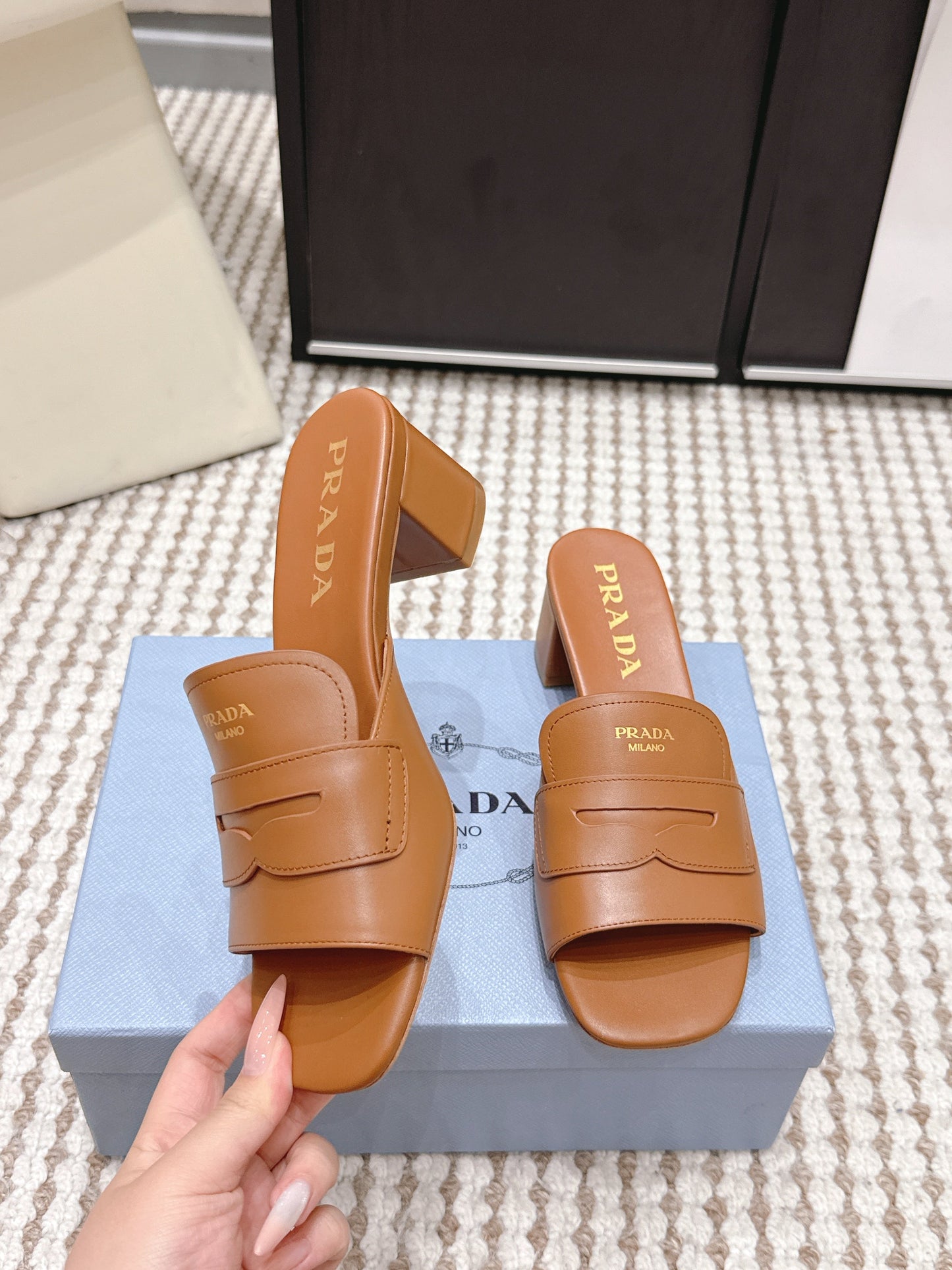PRA 2026S High Heel Slippers 55 Tan Brown Leather  658337