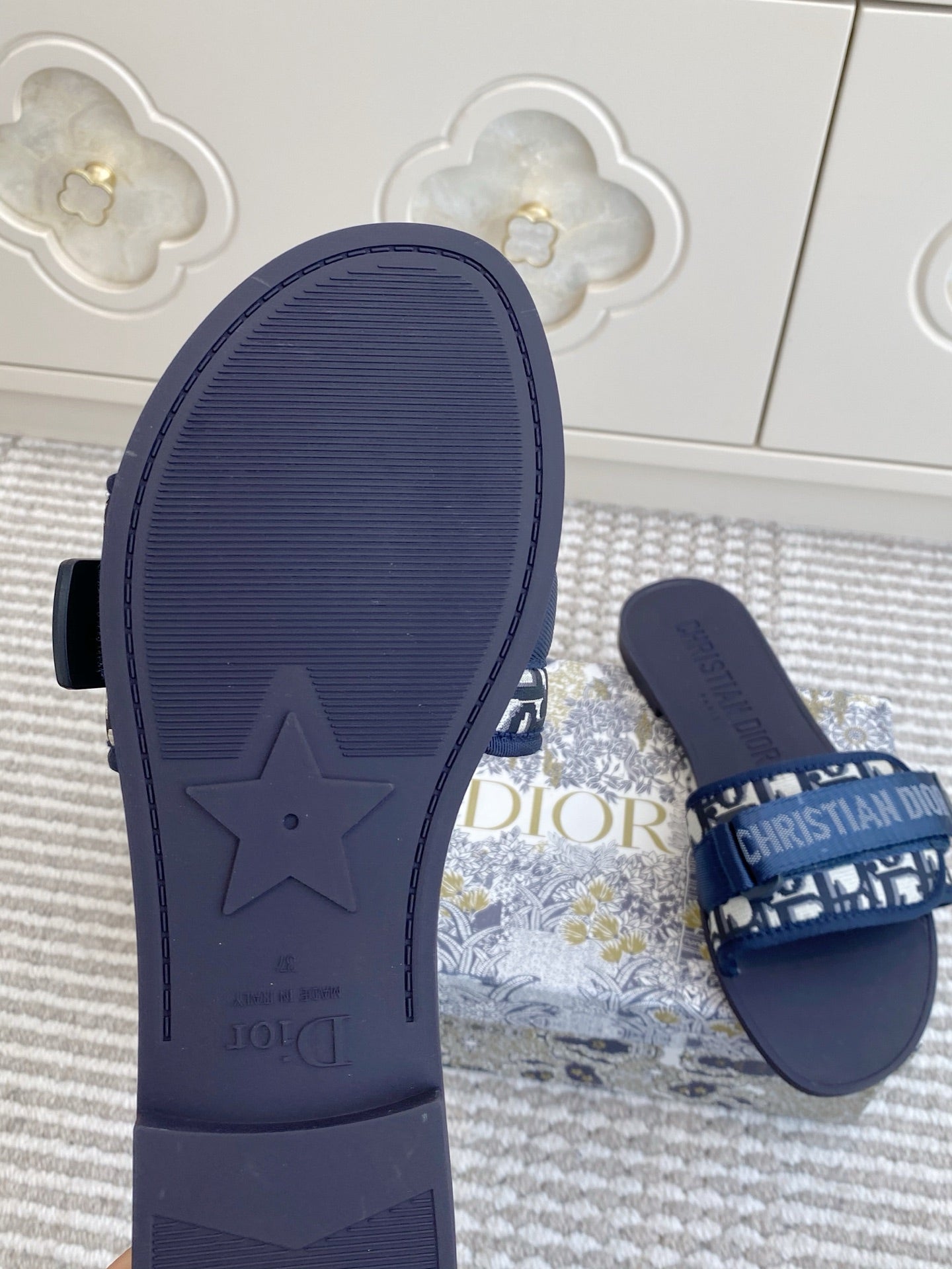 CD 26s Flat Slippers Navy Blue Monogram Canvas Rubber 648133