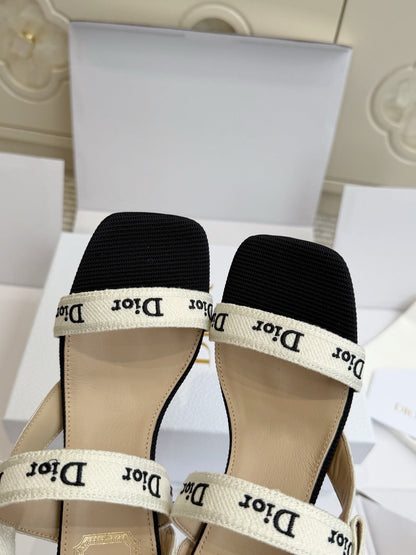 Dior 2026 Strappy High-heeled Sandal Black White Embroidered Cotton Leather 717870