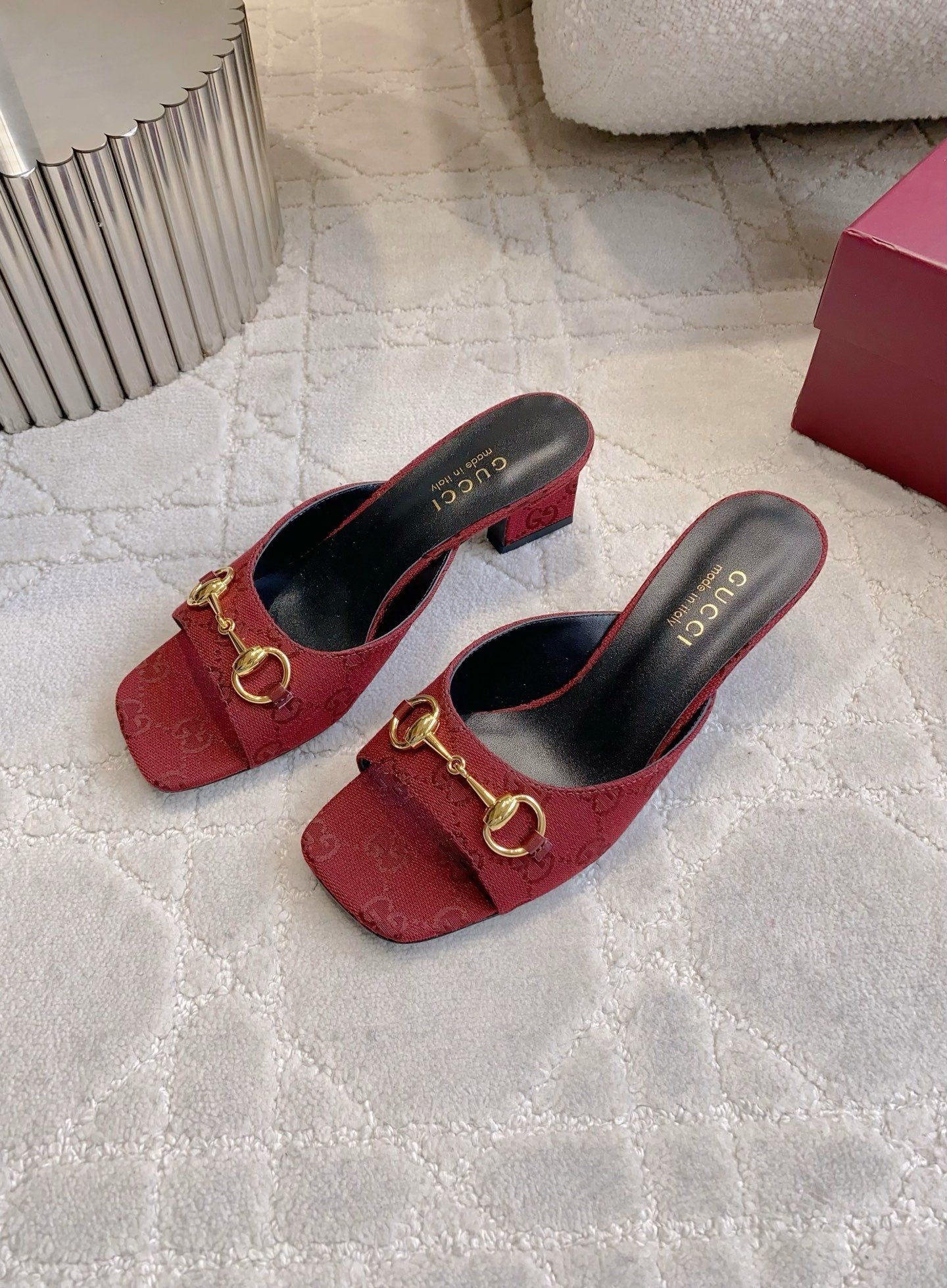 GG 26SS High-Heeled Sandals Dark Red Canvas Leather 644532
