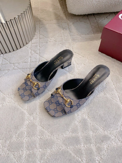 GG 26SS High-Heeled Sandals Gray Blue Black Canvas Leather 644533