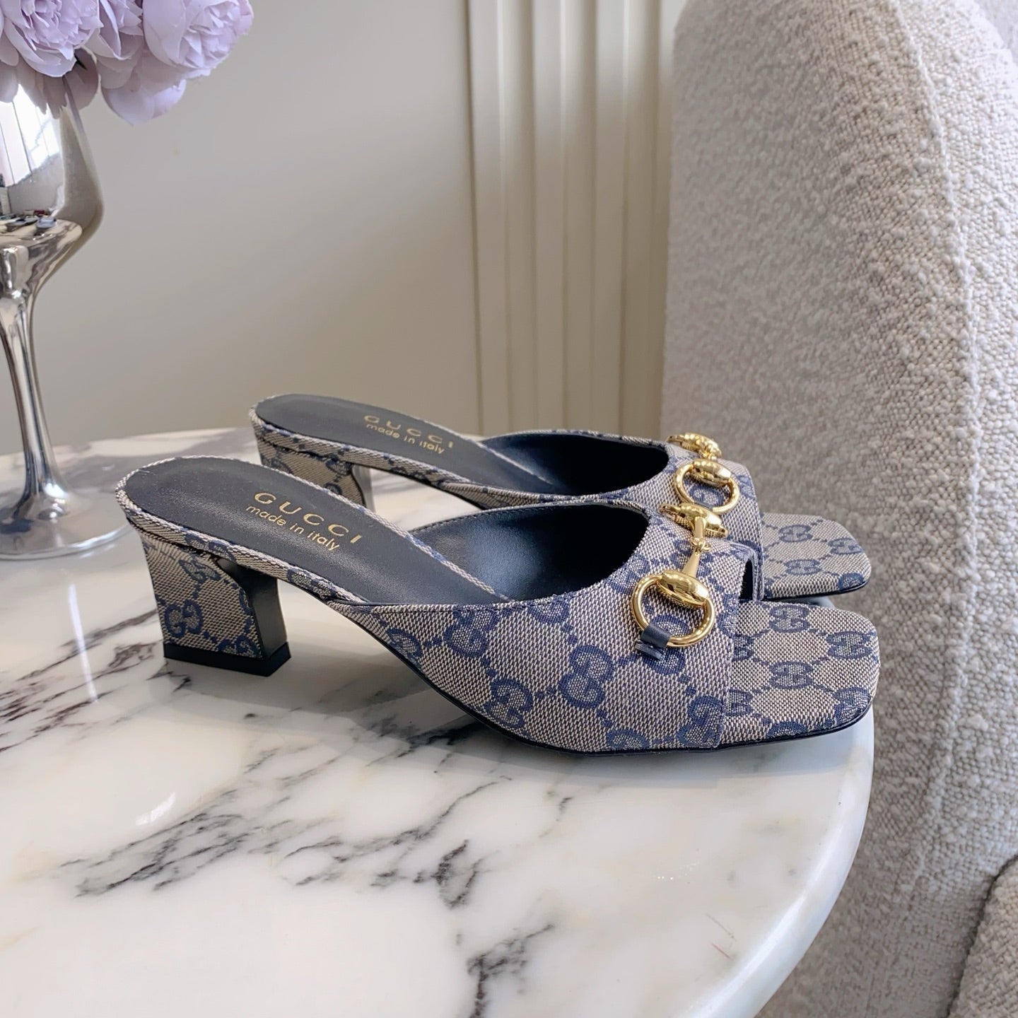 GG 26SS High-Heeled Sandals Gray Blue Black Canvas Leather 644533