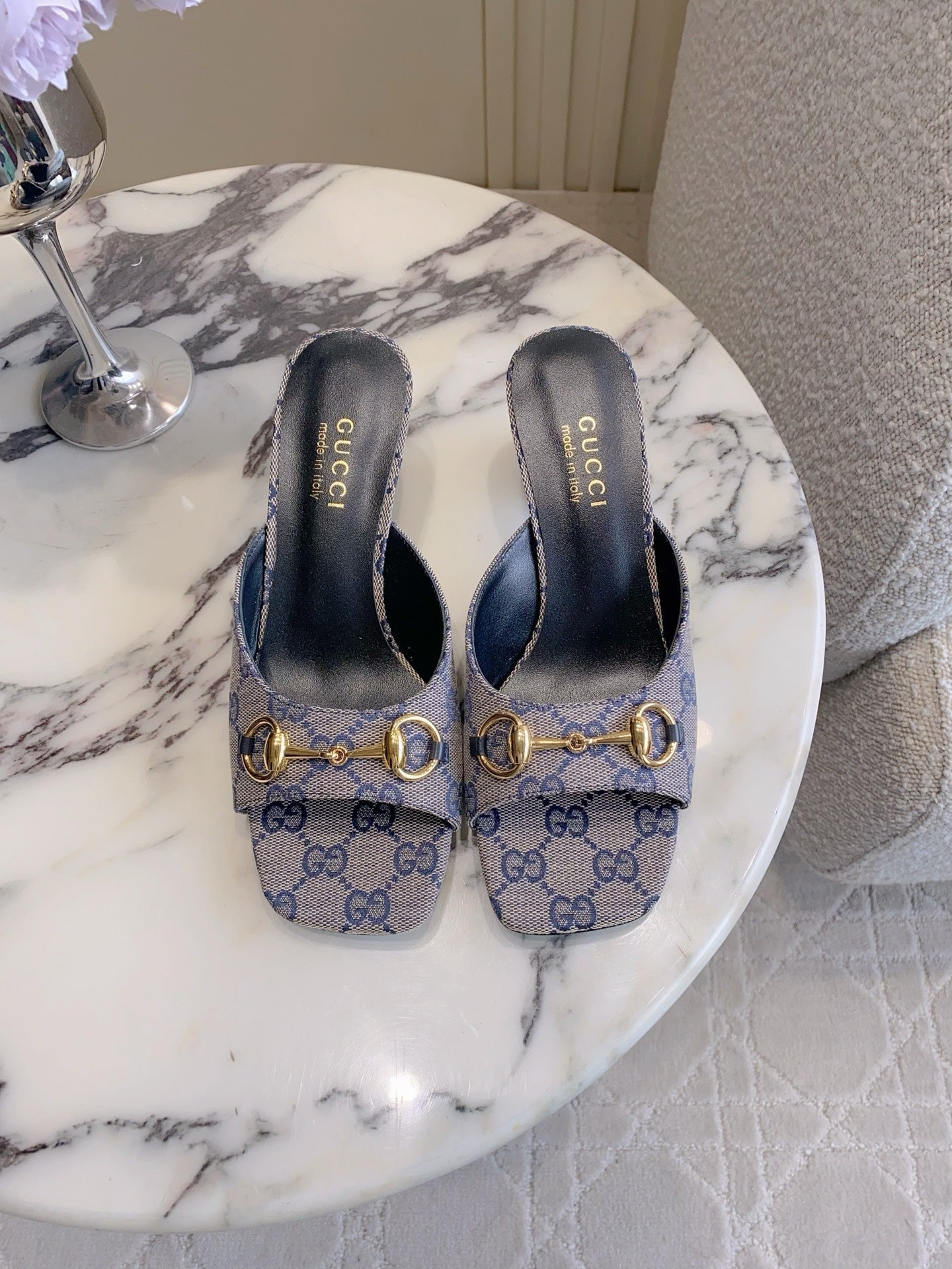 GG 26SS High-Heeled Sandals Gray Blue Black Canvas Leather 644533