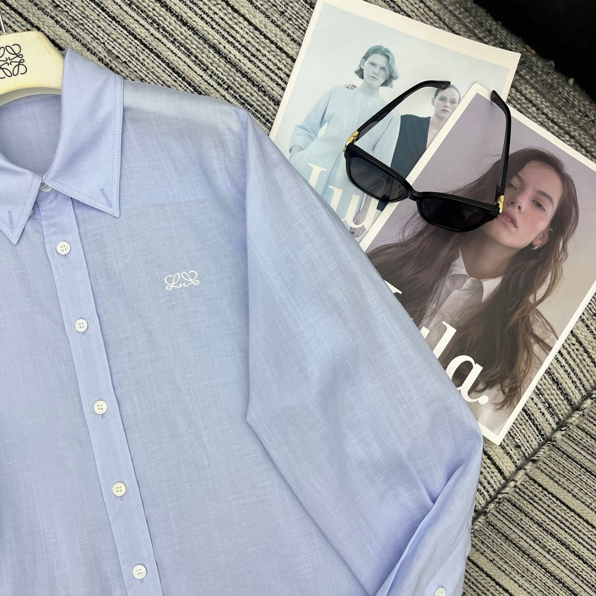 Loewe Embroidered Logo Collared Long-Sleeved Shirt Light Blue Cotton
