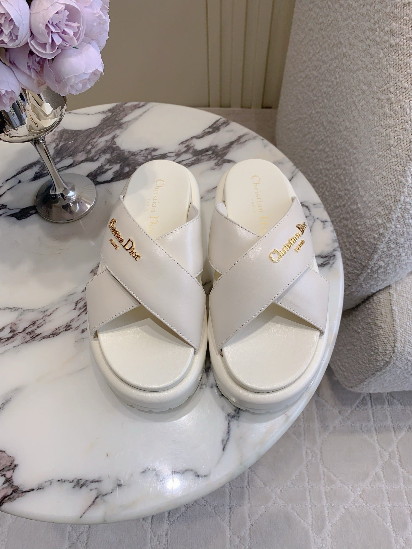CD 26s  Platform Sandals 65 White Lambskin 644288