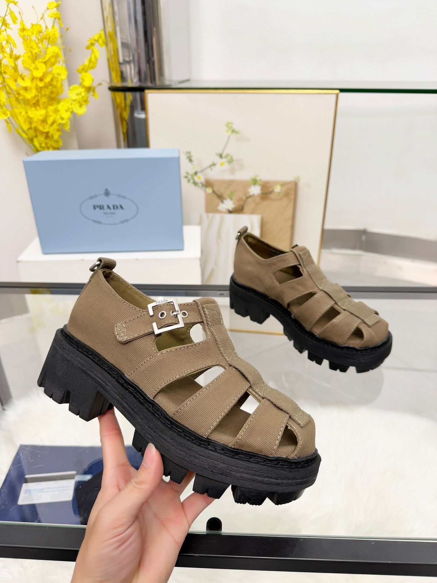 Prada 2026 Sandal Tan Black Fabric Rubber 715625