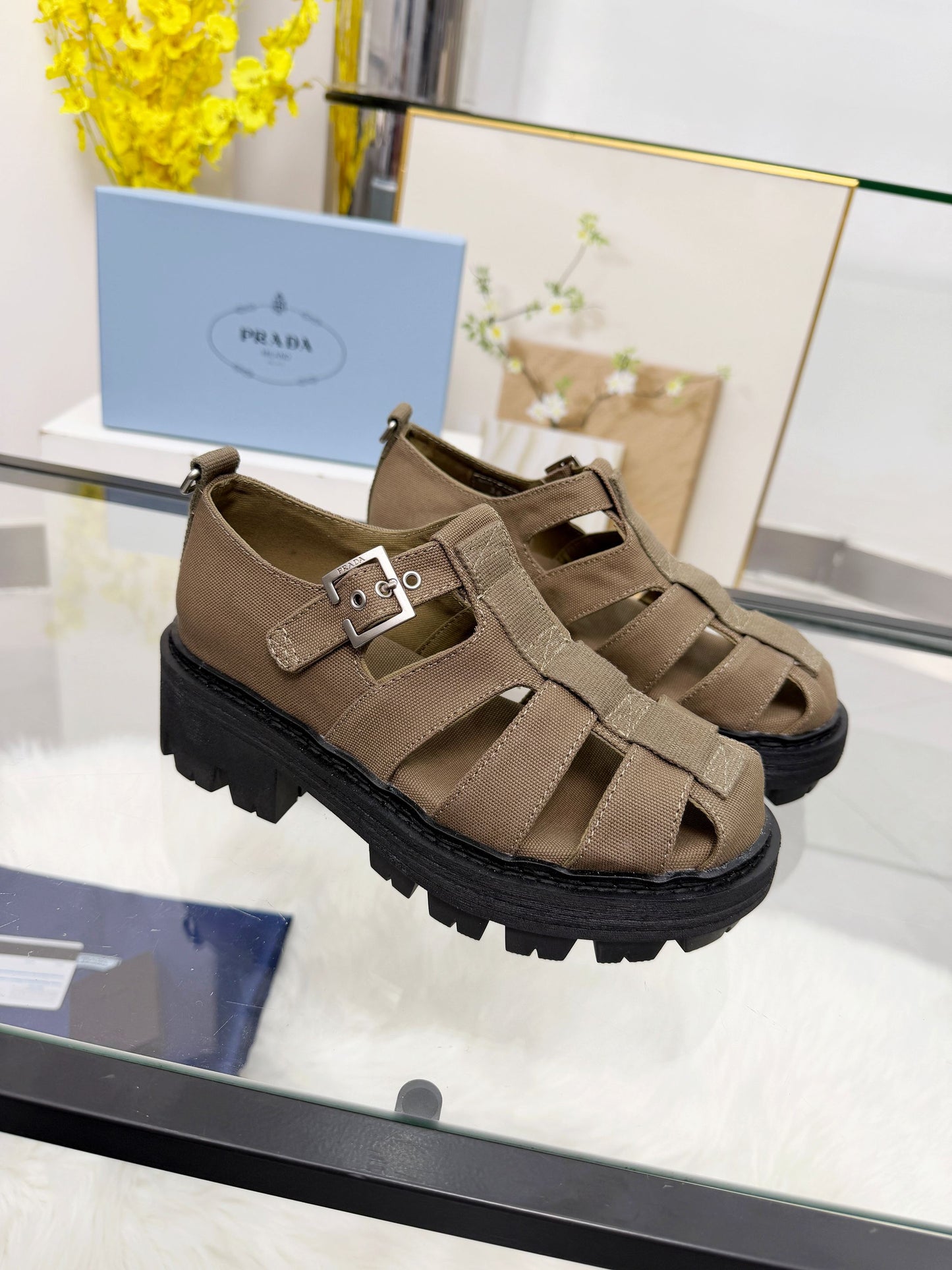 Prada 2026 Sandal Tan Black Fabric Rubber 715625