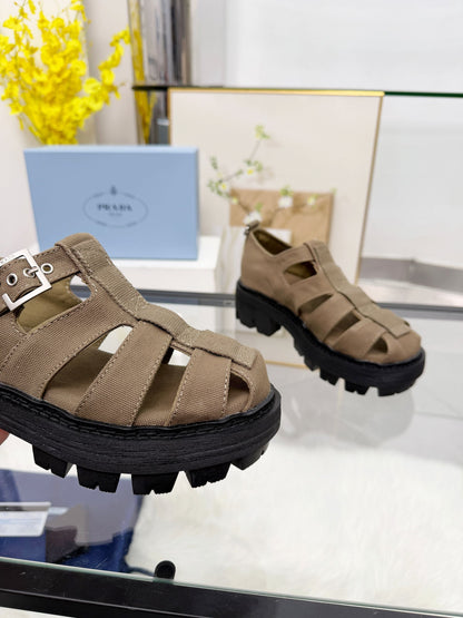 Prada 2026 Sandal Tan Black Fabric Rubber 715625