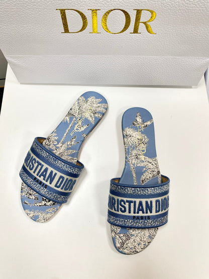 CD 26s Embroidered Sandals Blue Beige Canvas Leather 683014