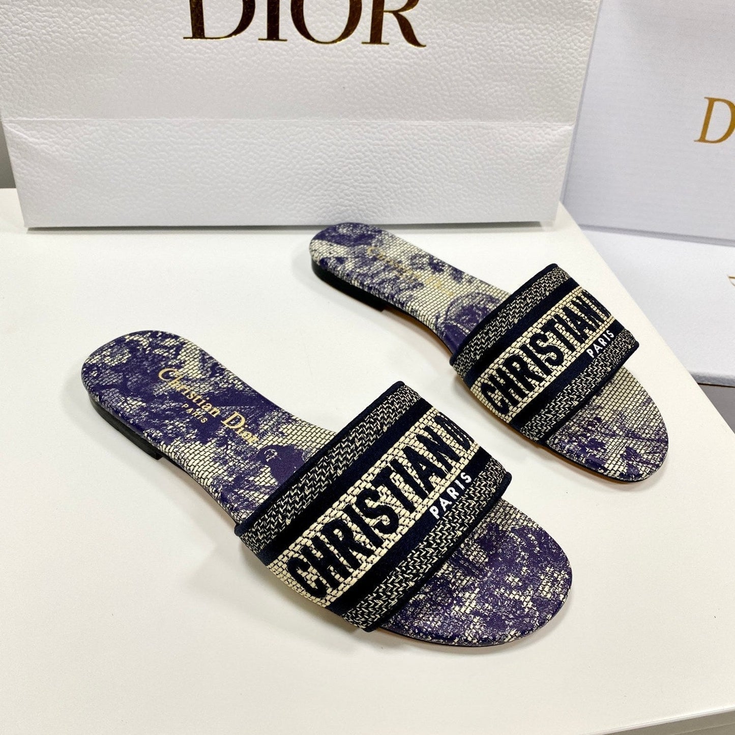 CD 26s Embroidered Sandals Purple Beige Black Canvas Leather 683016