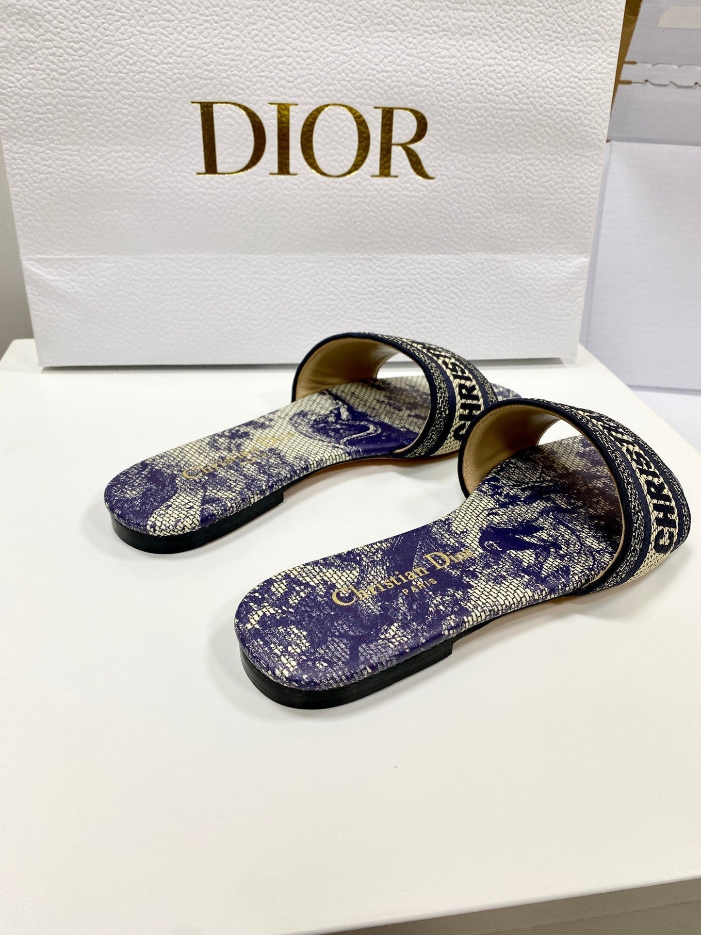 CD 26s Embroidered Sandals Purple Beige Black Canvas Leather 683016