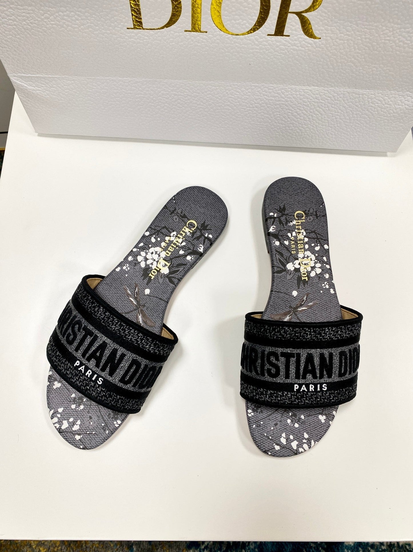 CD 26s Embroidered Sandals Gray Black Canvas Leather 683017