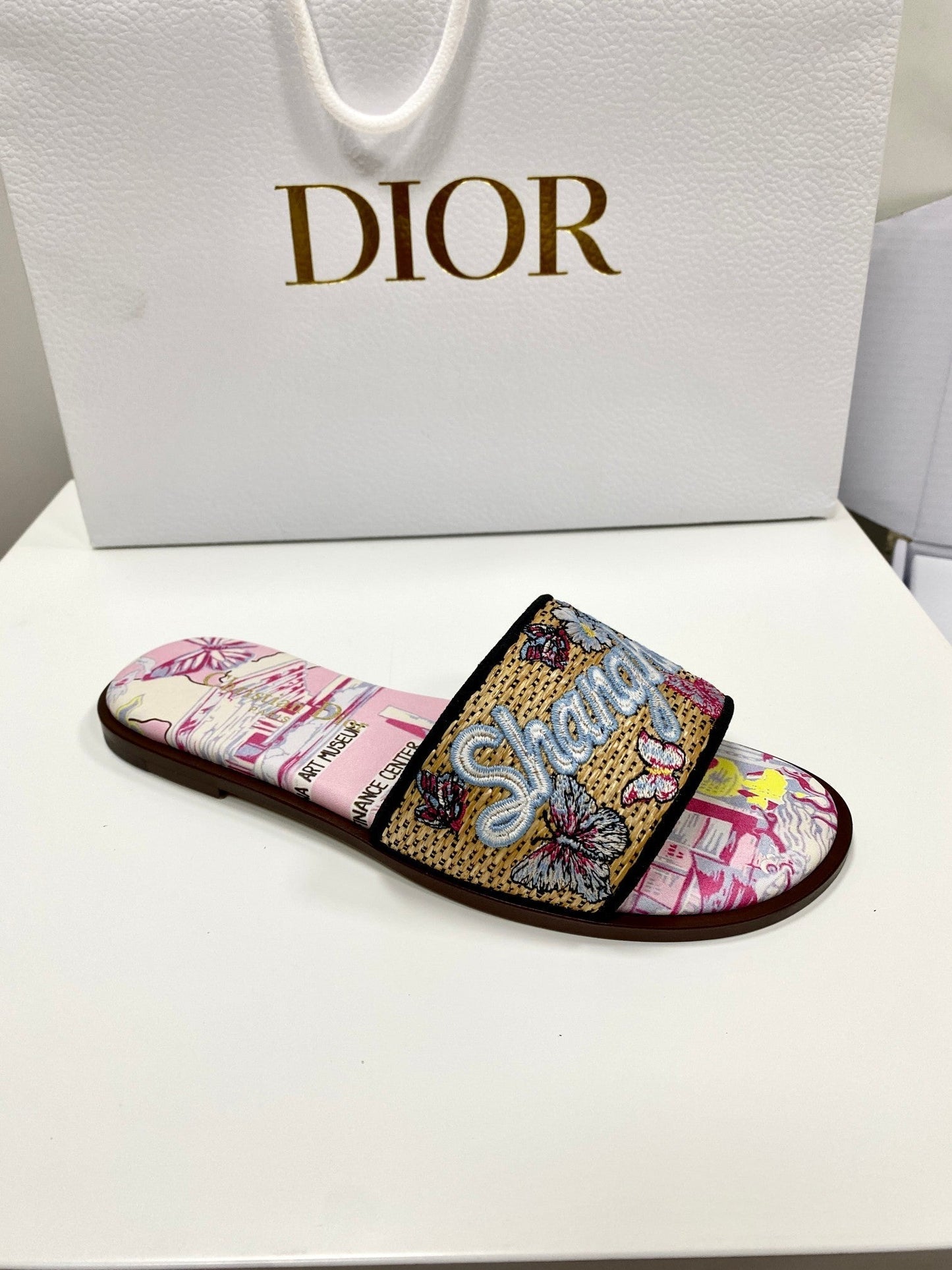 CD 26s Embroidered Sandals Pink Beige Multicolor Canvas Leather 683005