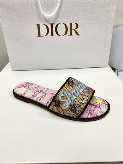 CD 26s Embroidered Sandals Pink Beige Multicolor Canvas Leather 683005