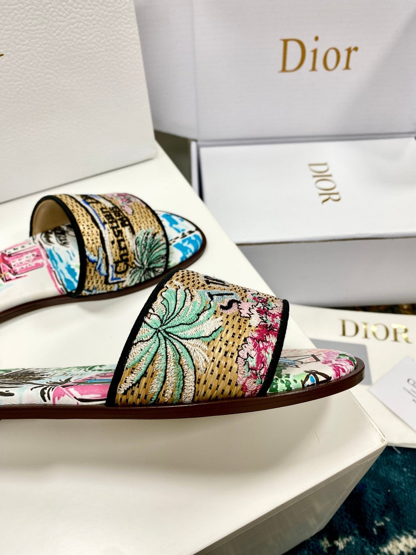 CD 26s Embroidered Sandals Blue Multicolor Canvas Leather 683006