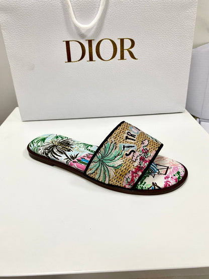 CD 26s Embroidered Sandals Blue Multicolor Canvas Leather 683006