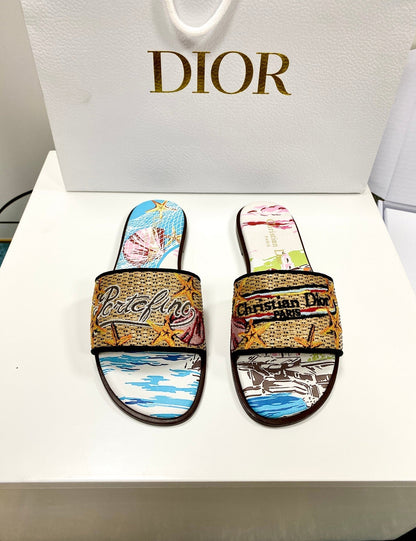 CD 26s Embroidered Sandals Blue Beige Multicolor Canvas Leather 683007