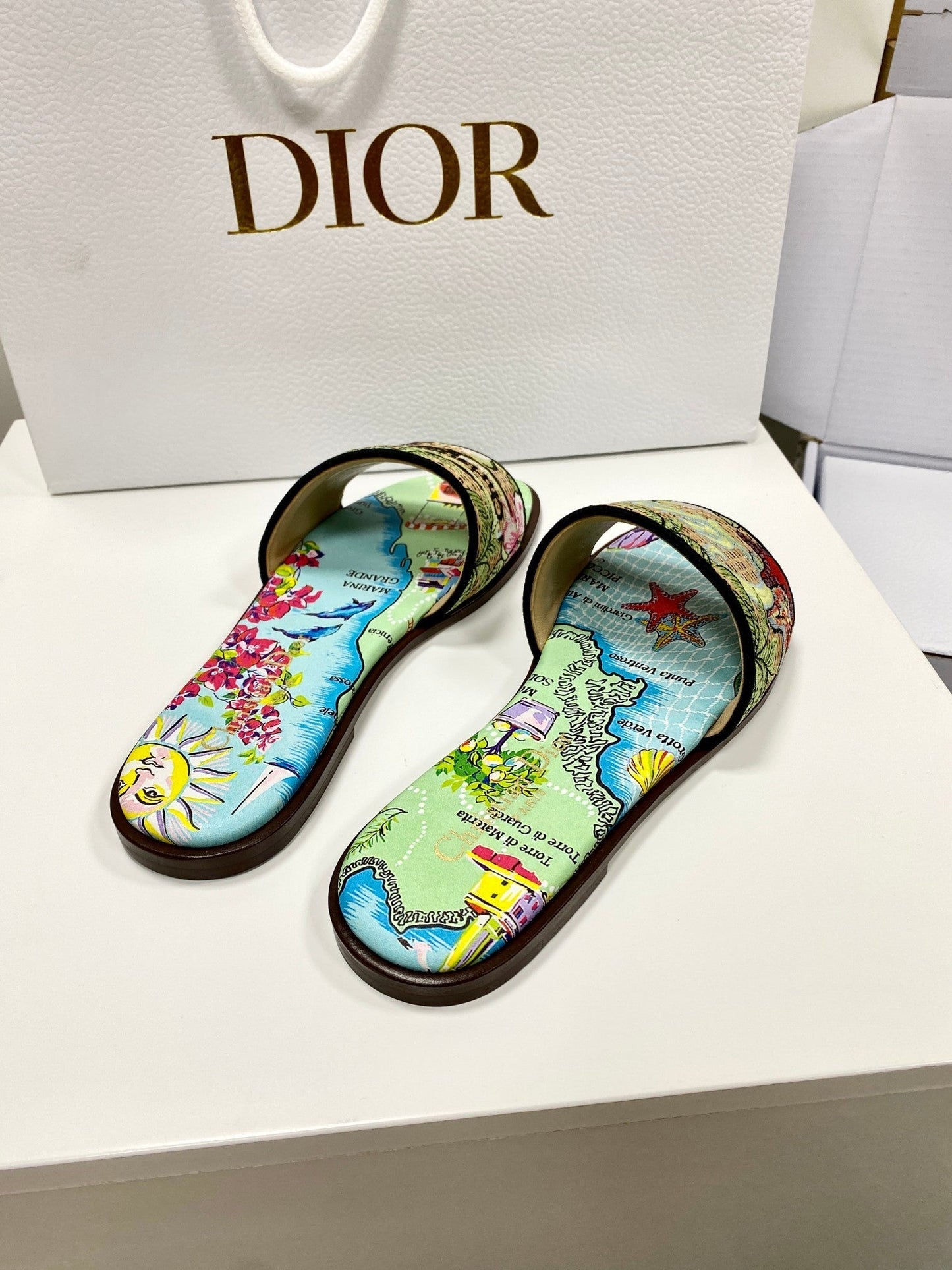 CD 26s Embroidered Sandals Blue Green Multicolor Canvas Leather 683008